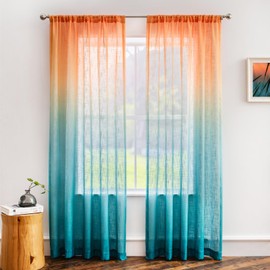 Melodieux Linen Textured Ombre Semi Sheer Curtains 84 Inches Long for Bedroom Living Room Sunset Rod Pocket Gradient Drapes, Orange Green Teal Turquoise Mint, 52 x 84 Inch (2 Panels)