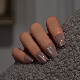 KQueenest Brown Press On Nails Medium Square - Acrylic Press On Nails with Glue, Dark Taupe Coffin Short Fake Nails Press ons, Glossy Opaque, Reusable Soft Gel Glue on Nails for Women, 28 Pcs