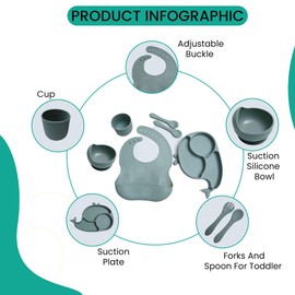 Silicone Baby Feeding Set 7 Pcs,Baby Led Weaning Supplies, Baby Spoons Suction Bowl Divided Plate Bib