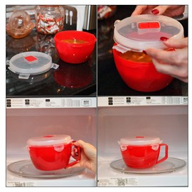 HOME-X Microwave Soup Mug with Lid, Microwave Soup Bowl with Handle and Vented Lid, BPA Free Dishwasher Safe, 32oz Capacity, 7 ¼" L x 5" W x 4" H, Red