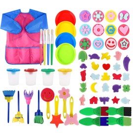 FOVERN1 60 Pieces Sponge Painting for Toddlers, Painting Brushes Kits for Kids, Foam Paint Brushes Set, Paint Cups with 1 PCS Waterproof Paint Apron