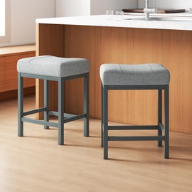 Giantex Counter Height Bar Stools Set of 2, 24.5" Backless Linen Fabric Bar Saddle Stools w/Solid Rubber Wood Frame & Footrest, Modern Upholstered Barstools for Kitchen Island, Home Bar, Cafe, Grey