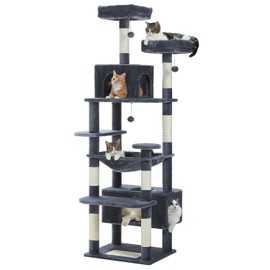 PAWZ Road 72 Inches Large Cat Tree, Tall Cat Tower with Large Mental Hammock for Indoor Cats Large Adults,7 Sisal-Covered Scratching Posts, 2 Padded Perches, Condos, and Basket -Dark Gray