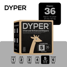 DYPER - Charcoal Enhanced Day & Overnight Disposable Baby Diapers - Made with Plant-Based* & Skin-Friendly Ingredients, Hypoallergenic for Sensitive Skin - Size 5, (36 Count)