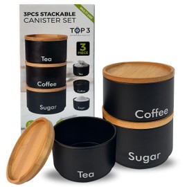 Top 3 Tea Coffee and Sugar canisters set | kitchen storage & organisation | pantry cupboard organiser | 3pc matching stackable airtight containers with bamboo lids