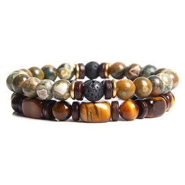 OSKINIA Beaded Bracelet for Men Natural Stone Bracelet Tiger's Eye Beads Double Set Bracelet Stretch Healing Round Bead Bracelet 19cm B