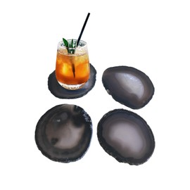 AMOYSTONE Natural Black Agate Coasters Set of 4 Tabletop Protection Polished Agate Stone Sciles 3-4"