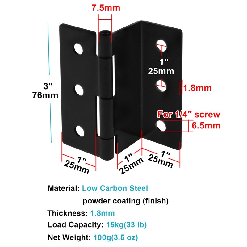 GBGS 6 Pcs 3" High Half-Surface Chest Hinges,Black Offset Hinge