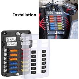 GIDREN 12 V ATO Fuse Box Car 12-Way Fuse Holder Including Fuse Box Fuse Carrier with LED Display Protective Cover for Car, Boat, Boat, Motorhome, Truck (Black)