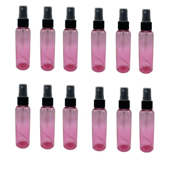 Natural Farms - Botellas de plástico Cosmo rosa de 2 onzas, paquete de 12 botellas vacías rellenables, sin BPA, aceites esenciales, aromaterapia, pulverizadores de niebla fina con tapas antipolvo, fabricadas en los Estados Unidos