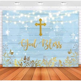 Sensfun Boy Baptism Backdrop God Bless Rustic Blue Wood Gold Leaves First Holy Communion Baby Shower Photography Background Christening Cake Table Party Decorations Banner Photo Booth Props 7x5ft