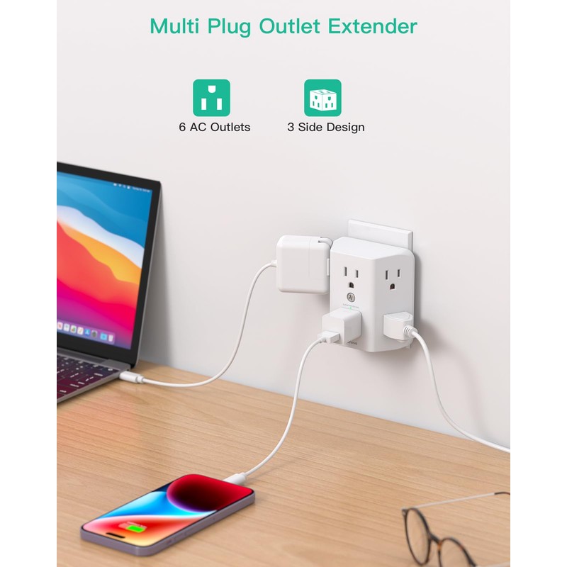 2 Pack Surge Protector Outlet, Outlet Splitter, Multi Plug Wall