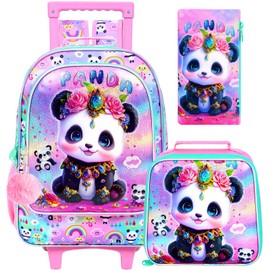 ZLYERT 3Pcs Rolling Backpack for Girls, Panda Kids School Backpacks with Wheels, Roller Bookbag with Lunch Box for Elementary Preschool(Pink)