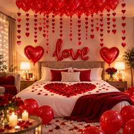 Romantic Red Heart Balloon Decoration Set with Hanging Heart Strands, LOVE Balloon, Rose Petals & Party Balloons for Valentine’s Day, Weddings, Anniversaries & Birthdays (Balloon Set)