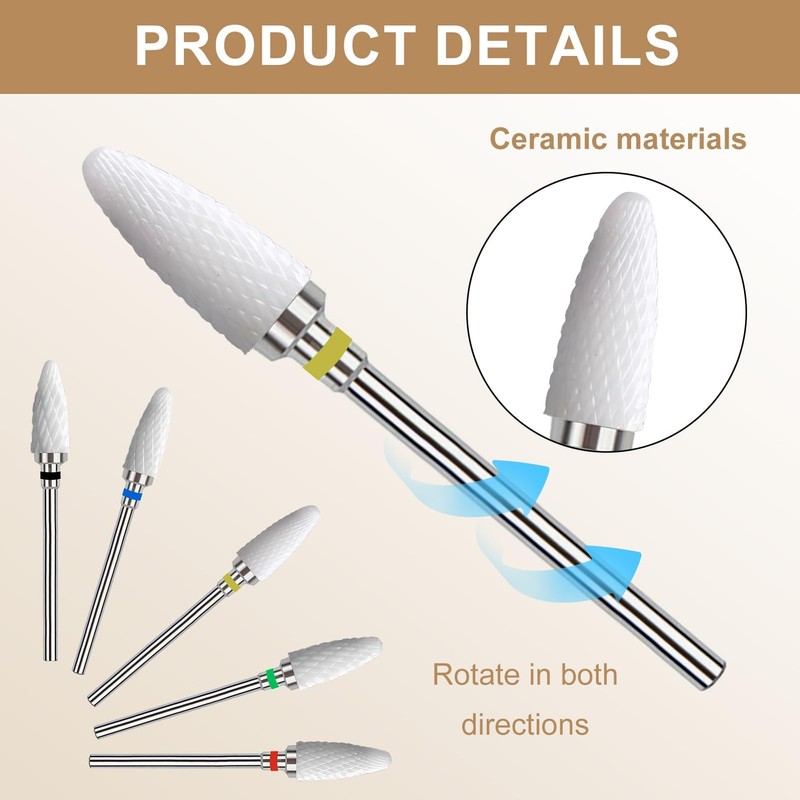 5 Piece Ceramic Nail Drill Set in Corn Shape, Professional