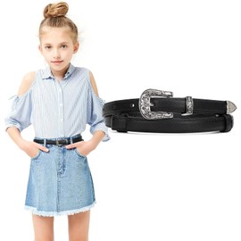LEACOOLKEY Girls Leather Skinny Belt with Western Buckle for Dress Kids Adjustable Thin Waist Belt for Jeans