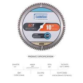 Luckyway 10 Inch Miter/Table Saw Blades 80T Ultra Finish Wood Cutting with 5/8 Inch Arbor TCT Circular Saw Blade for Cutting Wood