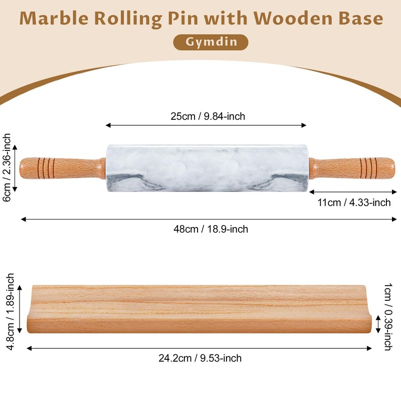 Gymdin 18.9-inch Marble Rolling Pin with Wooden Handles & Base