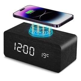 Wooden Digital Alarm Clock with Wireless Charging, 3 Alarms LED Display, Sound Control and Snooze Dual，Adjustable Brightness, Time Temperature (Black)