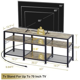 VECELO 63" TV Stand with Power Outlets for 55/60/65/70 Inch Television, Entertainment Center with Storage Shelves & Hooks, 3-Tier Wooden Console Table for Living, Bedroom, Gaming Room, Grey