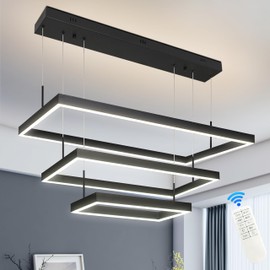 Mccokaige Black 3 Ring Modern Led Chandelier Dimmable Rectangular Contemporary Light Fixtures Modern Led Chandelier Modern Led Pendant Light Adjustable Ring Light for Living Room Dining High Ceiling