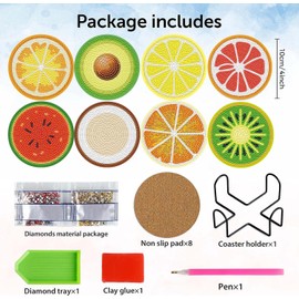 8 Pcs Diamond Paintings Fruit Coasters with Holder for Adults Beginners, Round Full Drill Diamond Art Craft Supplies（Fruit QLBD-08）