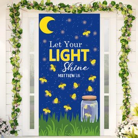 Wiooffen Let Your Light Shine Door Cover Classroom Church Hanging Banner Dark Night Firefly Jar Back to School Religious Christian Backdrop Wall Door Decor for Sunday School Kindergarten Preschool