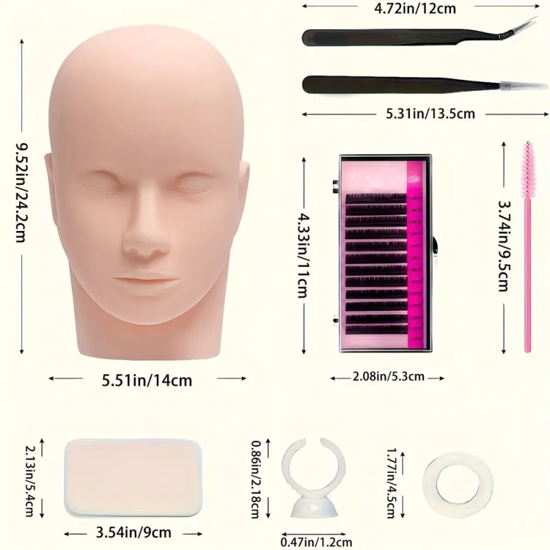 Kit Práctica Extensión Pestañas Rosa Curva C Maniquí Pinzas Cepillos