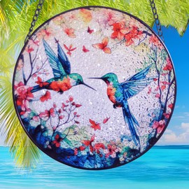 Hummingbird Stained Glass Window Hanging, Bird and Floral Wall Decor Suncatchers Round Wall Art for Windows, Gifts for Women, Grandma, Housewarming | Vibrant Colors, Indoor/Outdoor Décor (Color-6)