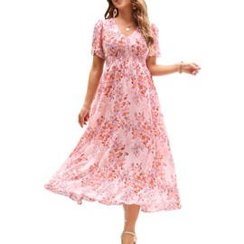 Women's Floral Maxi Dress Flowy V Neck Empire Waist Summer Wedding Guest Party Casual Chiffon Dress Pink L