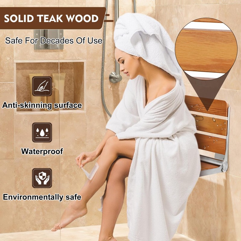 Teak Folding Shower Seat Wall Mounted, Foldable Shower Bench, 400lbs