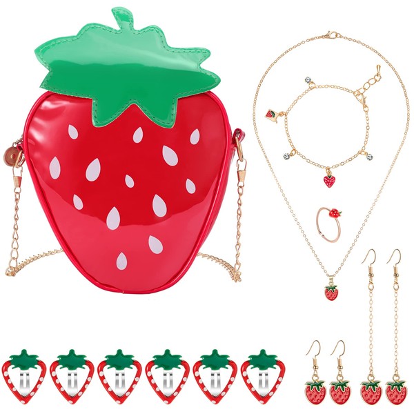 Hifot Strawberry Crossbody Bag Jewelry Set for Women Teen Girls, Strawberry Purse Cute Fruit Necklace Bracelet Earrings Ring Hair Clips Set Princess Dress up Pretend Play Jewelry Gifts