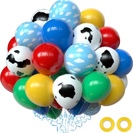 OuMuaMua Toy Inspired Story Party Decorations, 68Pcs Red Green Yellow Blue Cloud Cartoon Balloons with Cow Print Balloons for Kids Boys Girls Farm Birthday Baby Shower Party Decorations, 12 Inch