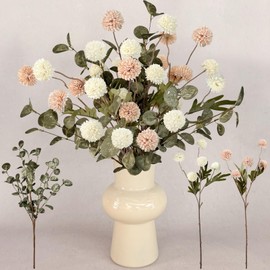 5pcs Faux Silk Chrysanthemum Artificial Flowers and 2pcs Eucalyptus Stems, Fake Pompom Mum Bulk with Stems for DIY Flower Arragement Bouquet Centerpieces Wedding Fillers Shower Decorations