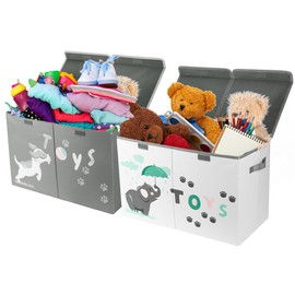 Hula Home Large Toy Box (2pc) - Lightweight Collapsible Sturdy Toy Storage Chest w/Flip-Top Lid & Handles (24.5" x 12" x 16") (Dog & Elephant)