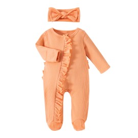 Beauace Newborn Baby Girl Footies Romper Long Sleeves Baby Grows Waffle Knit Zipper Ruffle One Piece Outfit Coming Home Clothes with Headband (Orange, 3-6 Months)