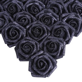 IPOPU Black Glitter Roses, 25pcs Foam Glitter Roses Glitter Flowers Foam Rose with Stem for DIY Wedding Bridal Bouquet Home Party Decoration(Black)