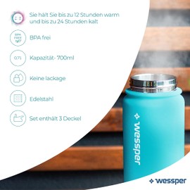 Wessper Stainless Steel Water Bottle, 700 ml, BPA-Free Water Bottle with 3 Lids for Water, Coffee and Tea, Leak-Proof Thermal Bottle for Sports, Gym, Hiking, Bike, Office