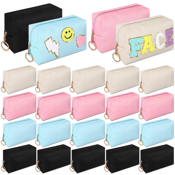 24 Pcs Preppy Makeup Bag PU Leather Cosmetic Bag Bulk Makeup Pouch Plain Cosmetic Pouch Waterproof Toiletry Bags for Women Traveling Preppy Pencil Case Travel Purse Cosmetic Organizer, 4 Colors