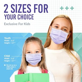 Medtecs - Mascarilla desechable para niños, 2 tamaños (niño/jóvenes), 50 unidades, cómodas máscaras transpirables de 3 capas, la mejor opción y más segura, juvenil, color morado