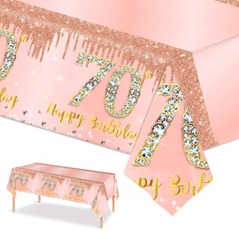 POPOYU 137 * 274cm Large 70th Rose Gold Table Cloth,70th Birthday Decorations for Her,Rose Gold 70th Birthday Party Plastic Table Cloth Tablecover for Her Birthday Gifts,70th Birthday Party Supplies
