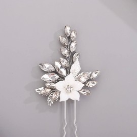 Chargances 2pcs Crystal White Flower Hair Pins Bridal Leaf Rhinestone Hair Pins Fashion Silver Handmade Wedding Hair Accessories for Women Girls Bridesmaids (Silver)