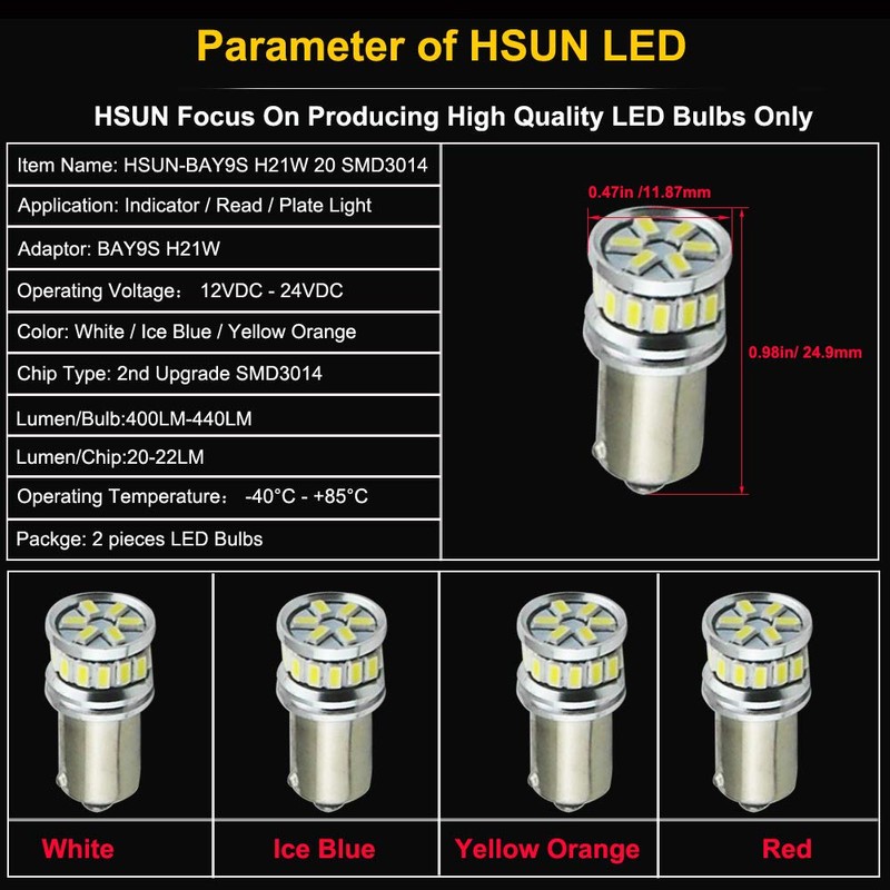 HSUN BAY9S H21W LED Bulbs,High Power 20LED SMD3014 Chip 880LM