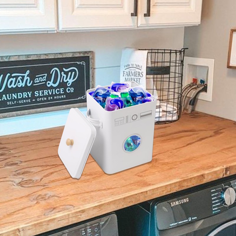 Skywin Metal Laundry Pod Container with Lift-Up Lid Wooden Handle