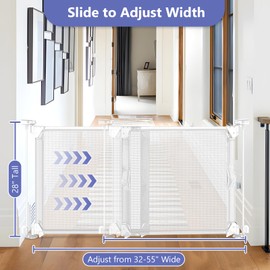 Sliding Baby Gate for Doorways Expandable 32"-55" Wide Adjustable Dog Gate 28 Inch Tall Step Over Pet Gate Indoor Mesh Dog Gate for Doorways Mesh Baby Gate for Stair Outdoor Baby Gate for Deck (White)