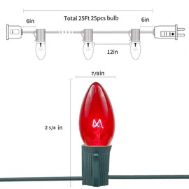 25ft Clear Multicolor String Lights, C7 Patio Easter Lights with 27 Clear Colorful Light Bulbs(2 Spare), UL Listed for Outdoor, Patio, Christmas Tree Decor, Roofline Hanging Light String