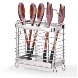 IWNTWY Utensil Holder, Stainless Steel Utensil Drying Rack with Drain Tray, Kitchen Counter Drainer Basket Silverware Cutlery Flatware Holder Forks, Knives, Spoons, Chopsticks Organizer (Silver)