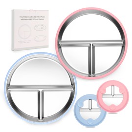 iconfont Stainless Steel Toddler Plate, Baby Suction Plates, 2 Pcs 9" Stainless Steel Kids Plates, Non Toxic & BPA Free Non Slip, Dishwasher & Microwave Safe