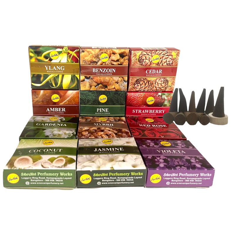 Sreevani Natural Masala Incense Cones and Holder Bundle, 120 Cones