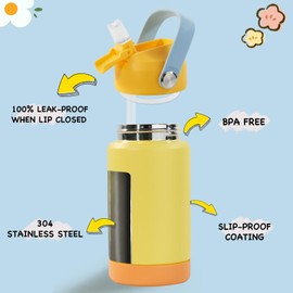 Kerilyn 12oz Kids Water Bottle, Stainless Steel Insulated Water Bottle For Kids, Toddler Cup With Straws Leak-proof, Kids Water Bottles For School Boys Girls, BPA Free, Yellow